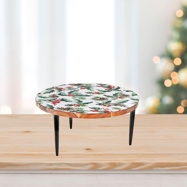 Enameled Acacia Wood Cake Stand (Holly Berries)
