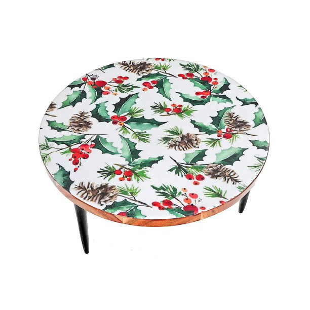 Enameled Acacia Wood Cake Stand (Holly Berries)