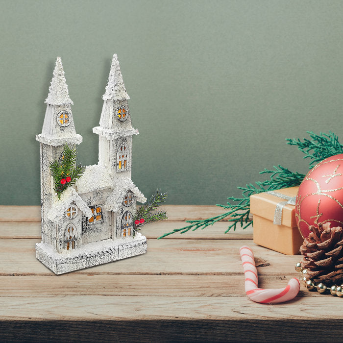 LED Snow Covered White Wooden Church (16")