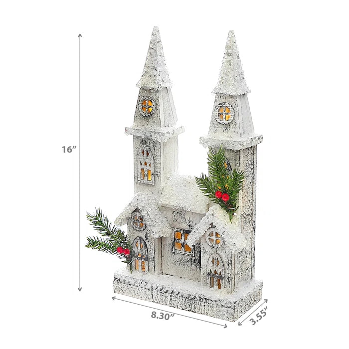 LED Snow Covered White Wooden Church (16")