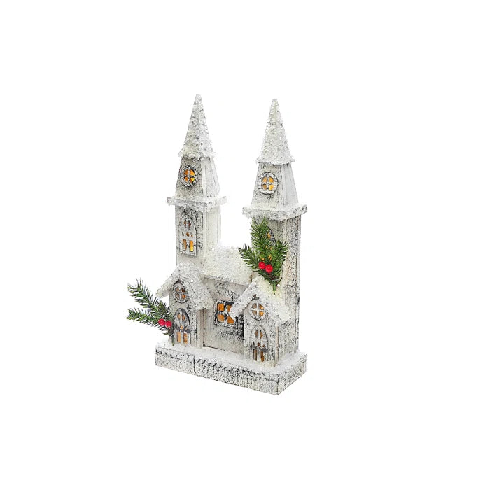 LED Snow Covered White Wooden Church (16")