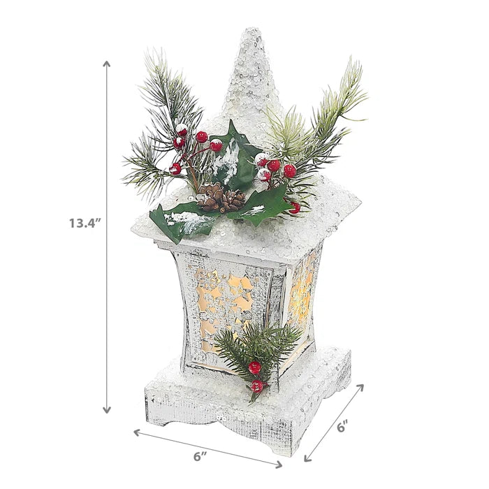 LED Snow Covered White Wooden Snowflake Lantern (13.4")
