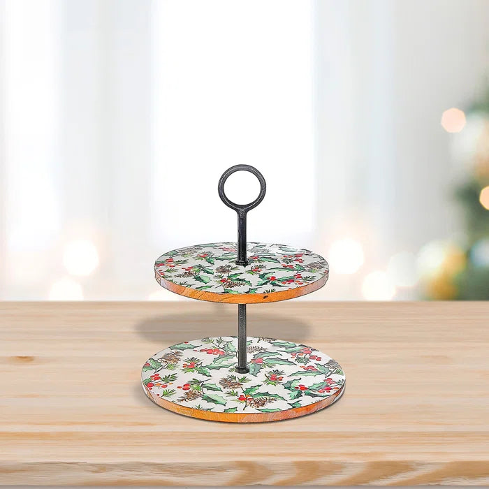 Enameled Acacia Wood 2 Tier Cake Stand (Holly Berries)