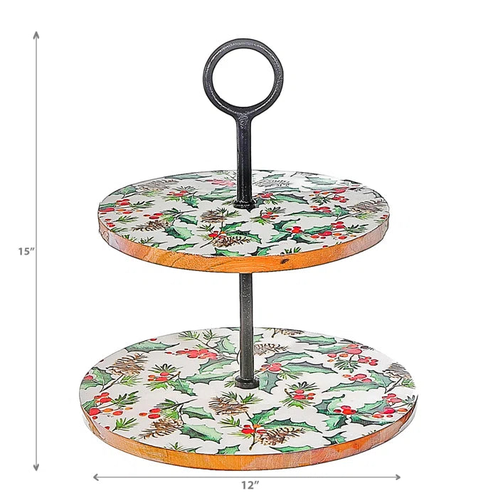 Enameled Acacia Wood 2 Tier Cake Stand (Holly Berries)