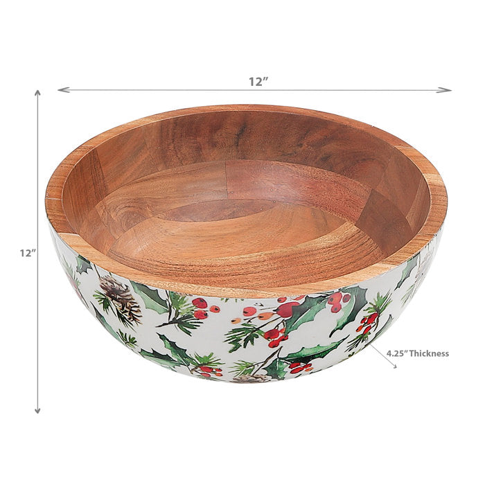 Enameled Acacia Wood Salad Bowl (Holly Berries)