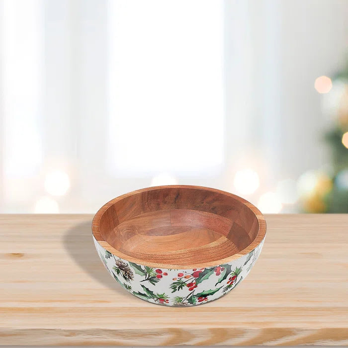 Enameled Acacia Wood Salad Bowl (Holly Berries)