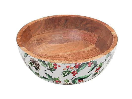 Enameled Acacia Wood Salad Bowl (Holly Berries)