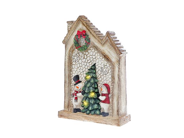 Christmas Led Polyresin House With Double Snowman