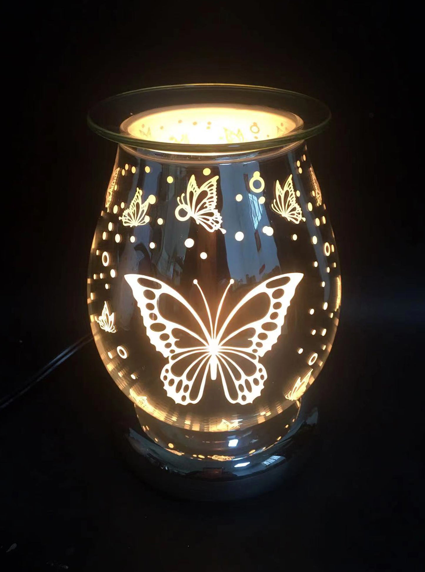 Touch Sensor Eggshell Glass Lamp – Silver Butterfly w/ Glass Oil Holder