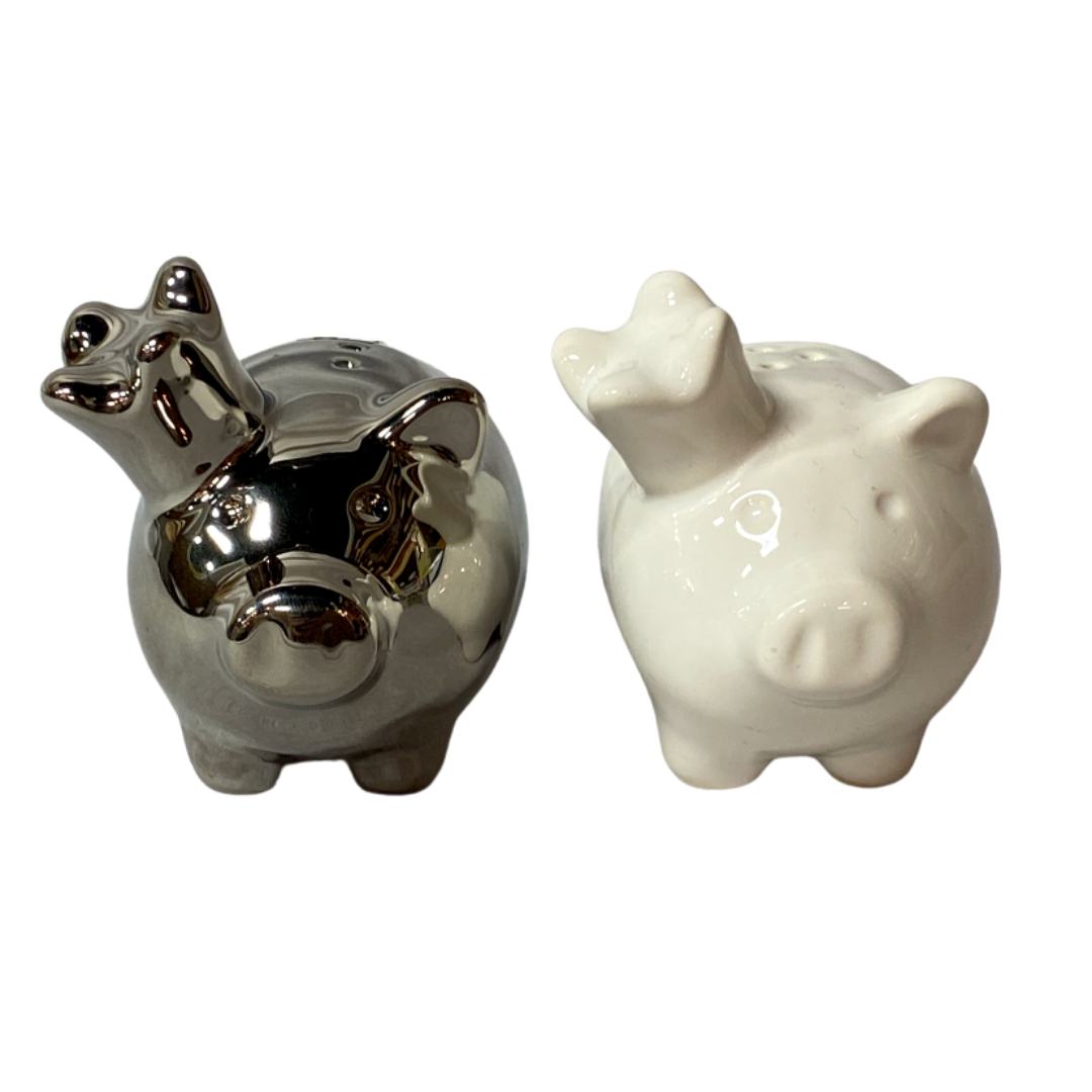 White & Silver Piggy Salt & Pepper Shaker Set