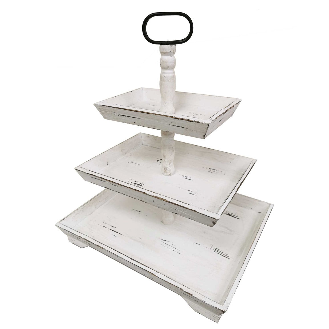 Distressed White Wood Three Tiered Stand