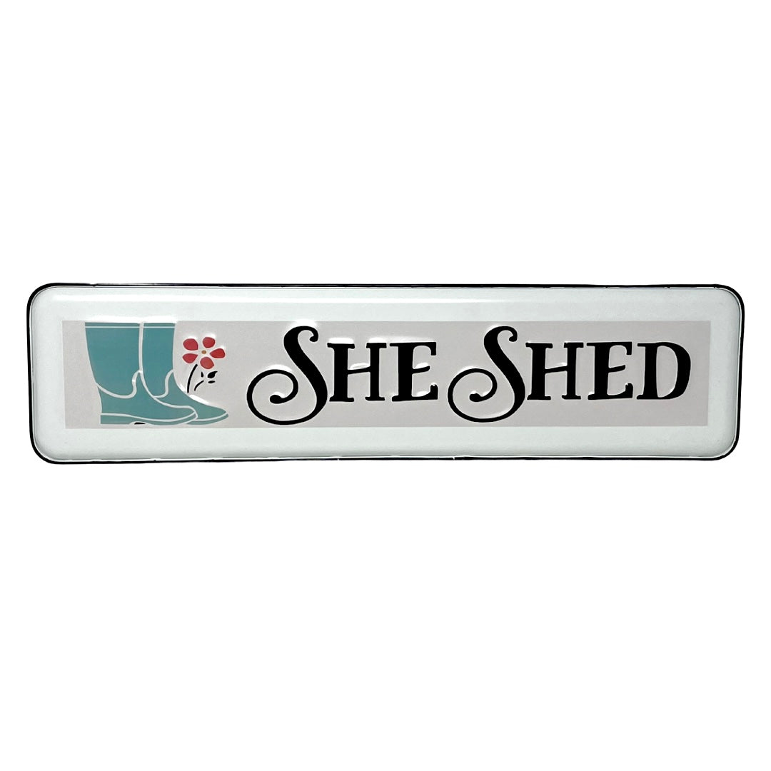 She Shed Boots 3D Enamel Metal Sign
