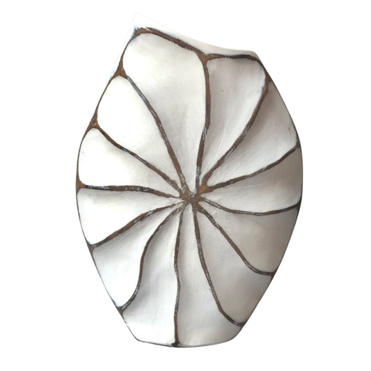 White Flat Vase With Natural Swirl Motif - Imperial Gifts And Decor