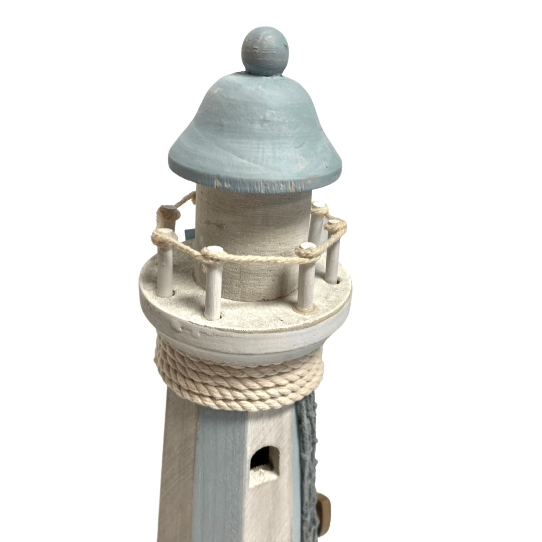 White & Blue Lighthouse with Rope & Fish