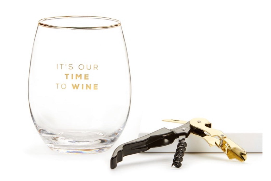 Time To Wine Stemless Wine Glass & Cork Screw Set
