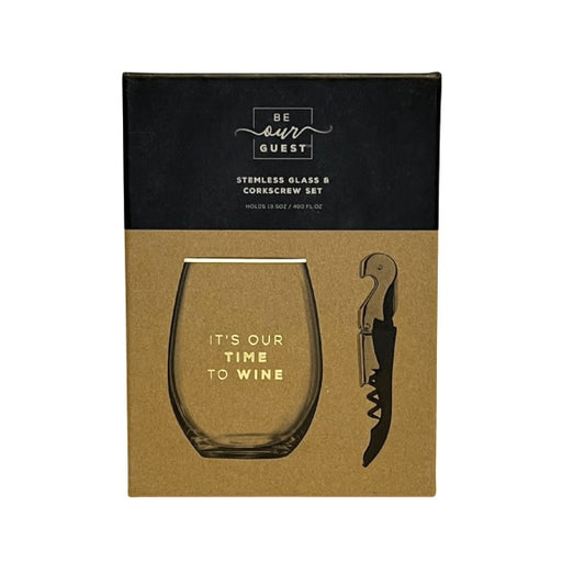 Time To Wine Stemless Wine Glass & Cork Screw Set