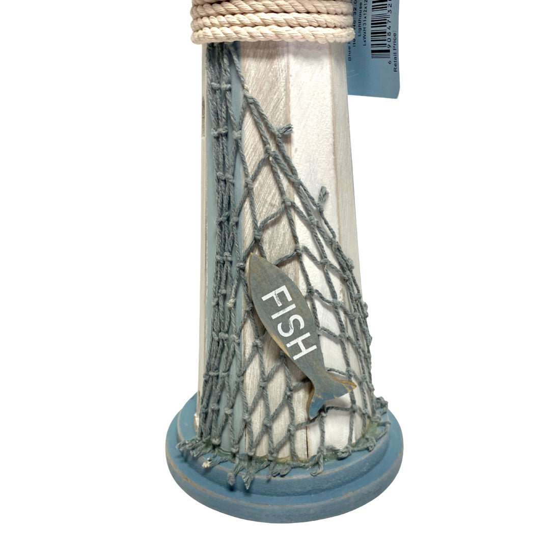 White & Blue Lighthouse with Rope & Fish