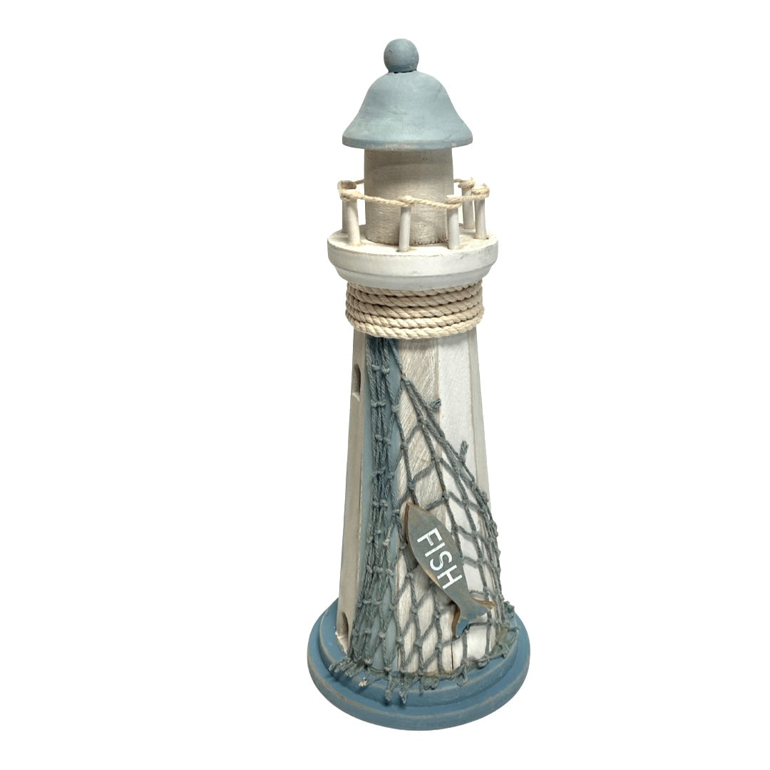 White & Blue Lighthouse with Rope & Fish