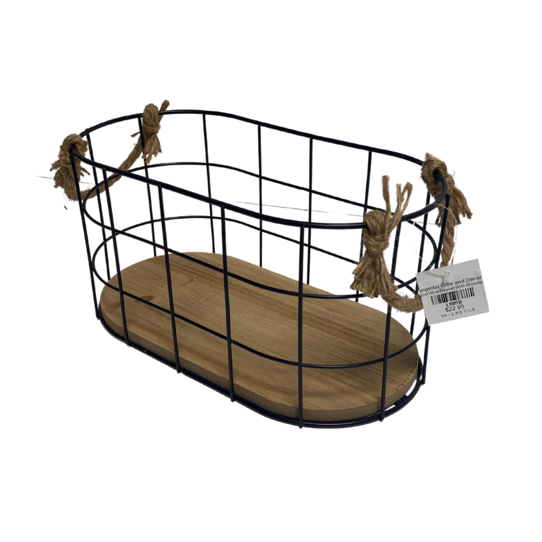 Metal Grid Wire Baskets With Wood Base - Available in 2 Sizes