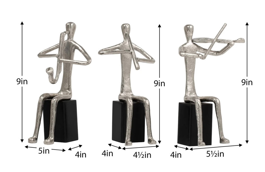 Sitting Musicians 3 Piece 9h" Aluminum Decor Sculpture Set