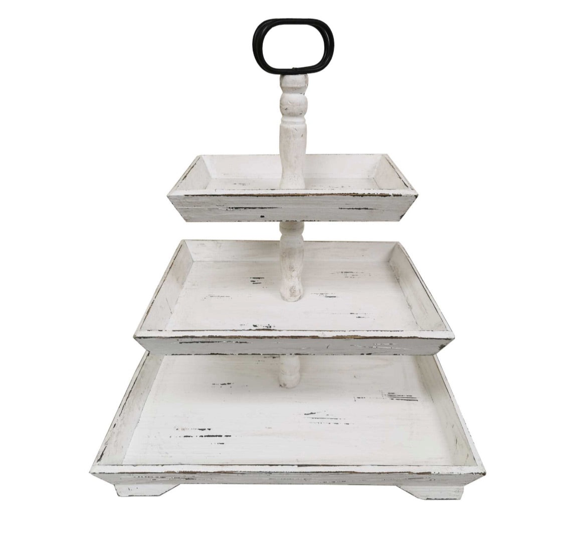 Distressed White Wood Three Tiered Stand