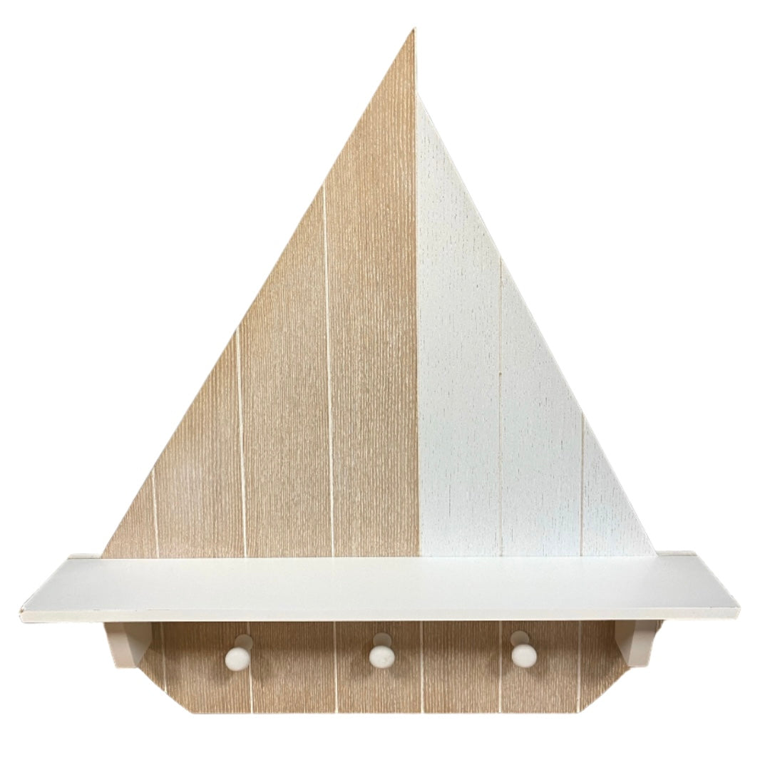 Wooden Sailboat Wall Shelf With Hooks