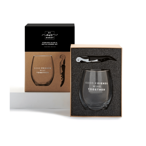 Stemless Cheers Wine Glass & Corkscrew Set