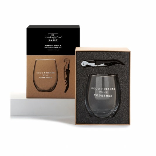 Stemless Cheers Wine Glass & Corkscrew Set