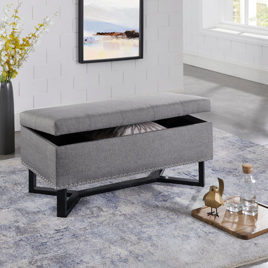 Emerson Fabric Studded Double Bench Ottoman (Gray)