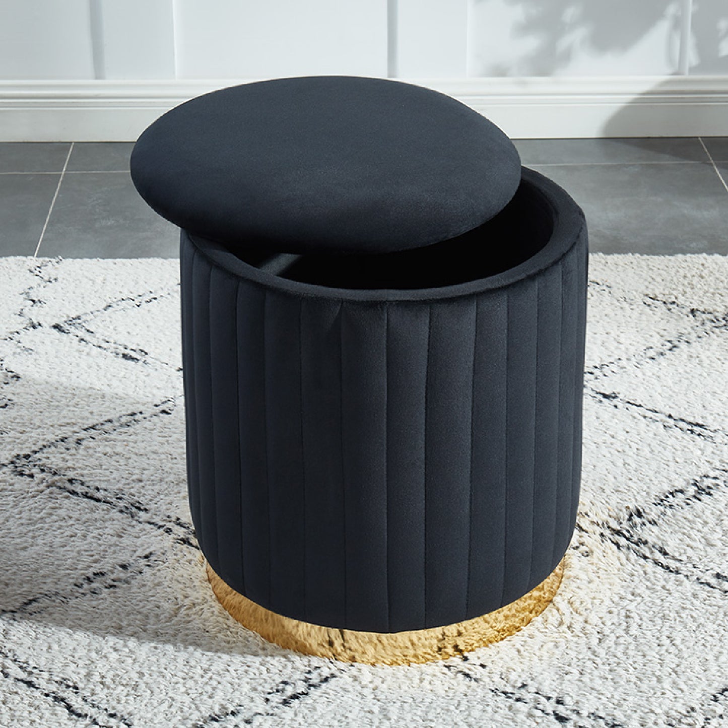Charlotte Velvet Round Ottoman With Gold Base (Black)