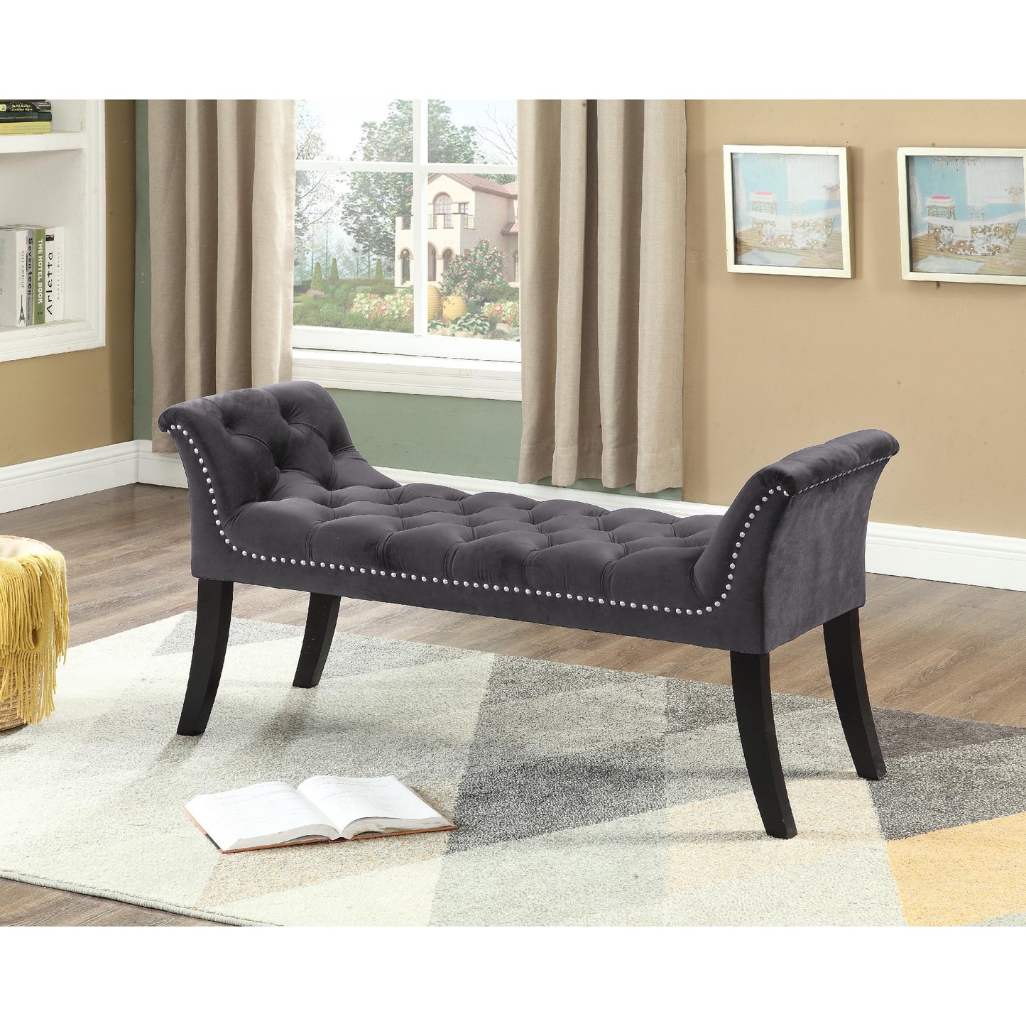 Imperial Tufted Bench With Armrest (Gray)