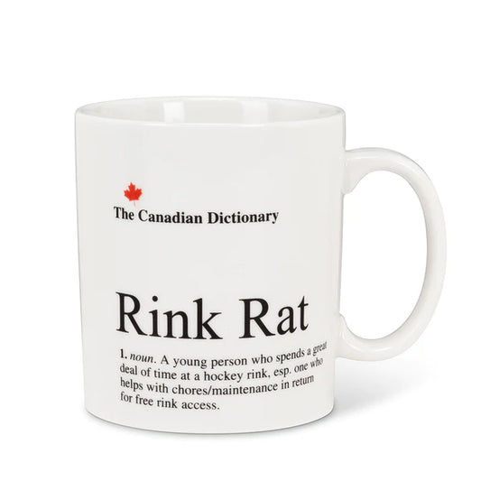 A white ceramic mug with a Canadian dictionary theme. The mug features the phrase "Rink Rat" in bold black letters. Underneath features the definition "A young person who spends a great deal of time on a hockey rink, especially one who helps with chores/maintenance in return for free rink access"  The mug is a charming and unique addition for hockey enthusiasts, displaying a love for the sport and Canadian culture.