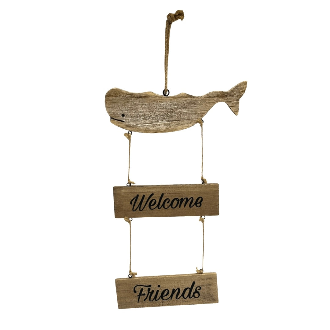 Welcome Friends Wooden Hanging Wall Plaque With Whale