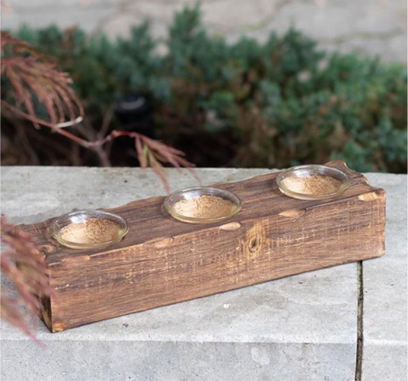 3 Tea Light Holder On Wooden Base