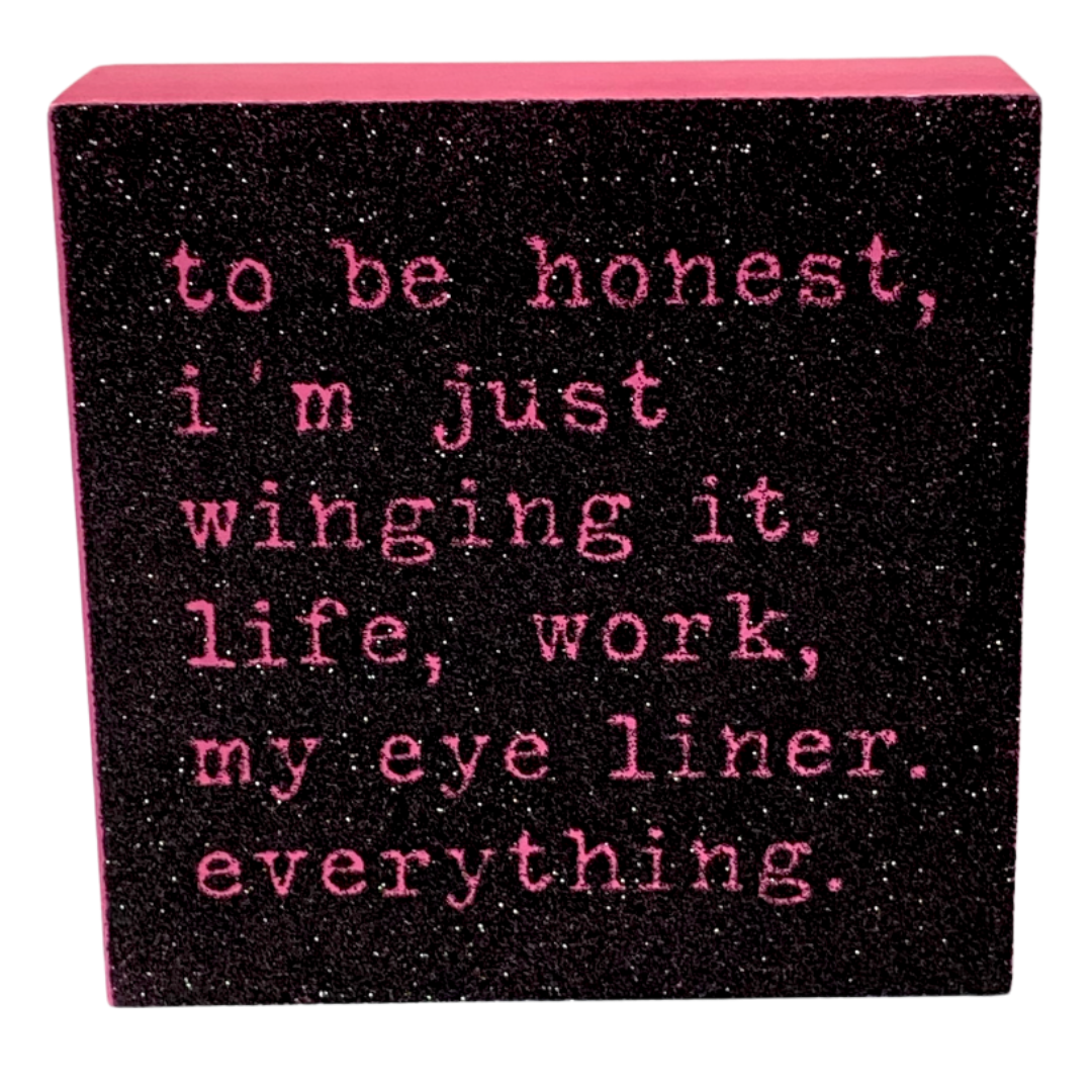 Winging It Pink & Black Sparkly Block Sign