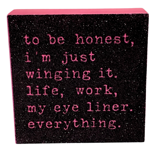 Winging It Pink & Black Sparkly Block Sign
