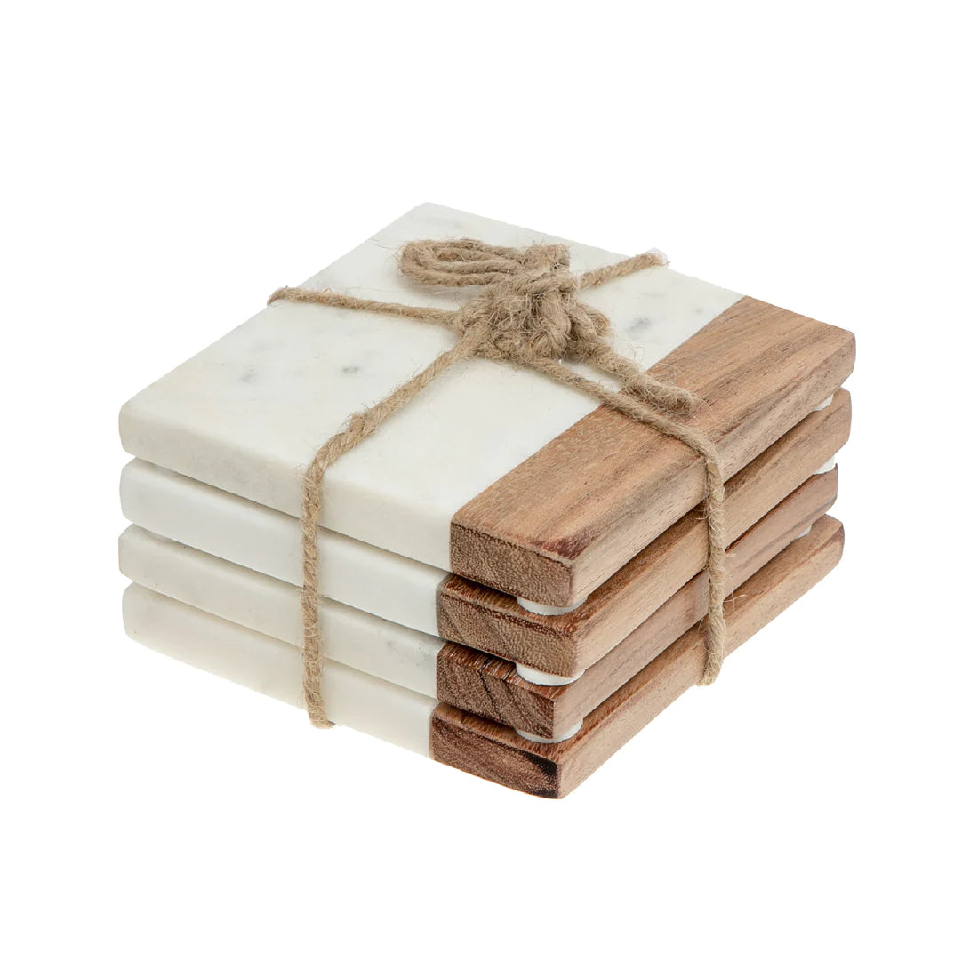 Set Of 4 White Marble And Wood Square Coasters