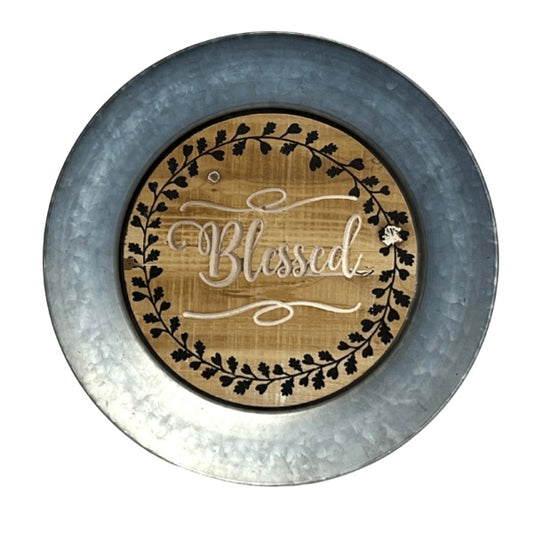 Blessed Galvanized Plate With Wood Engraving And Stand