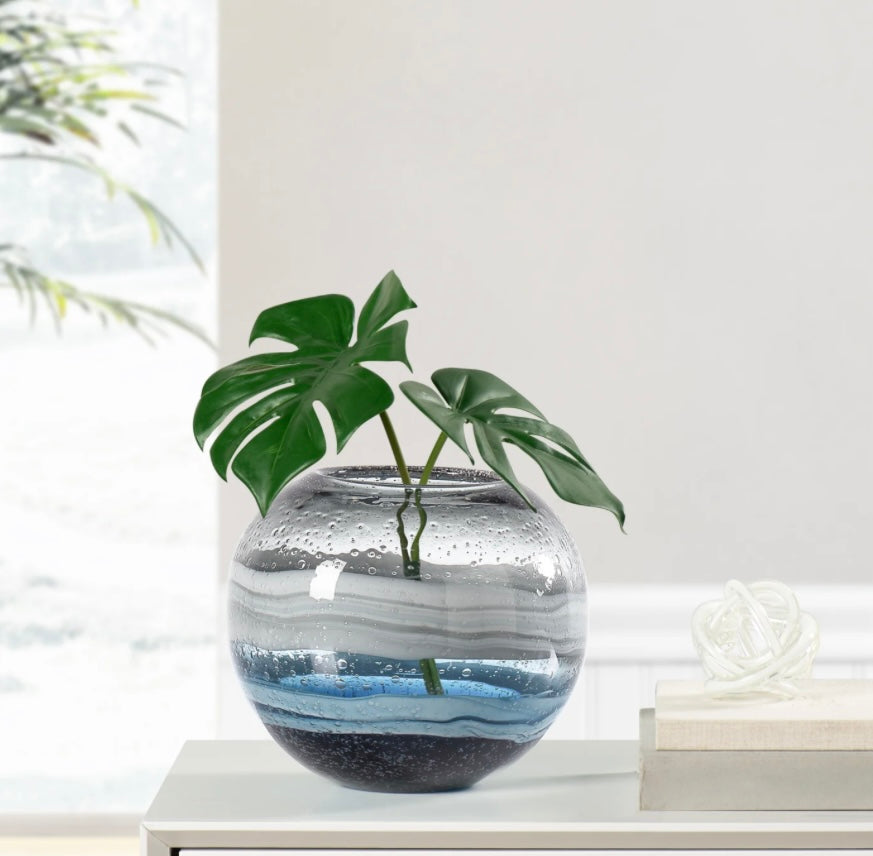 Andrea Swirl 7.5d" Glass Sphere Vase - Blue