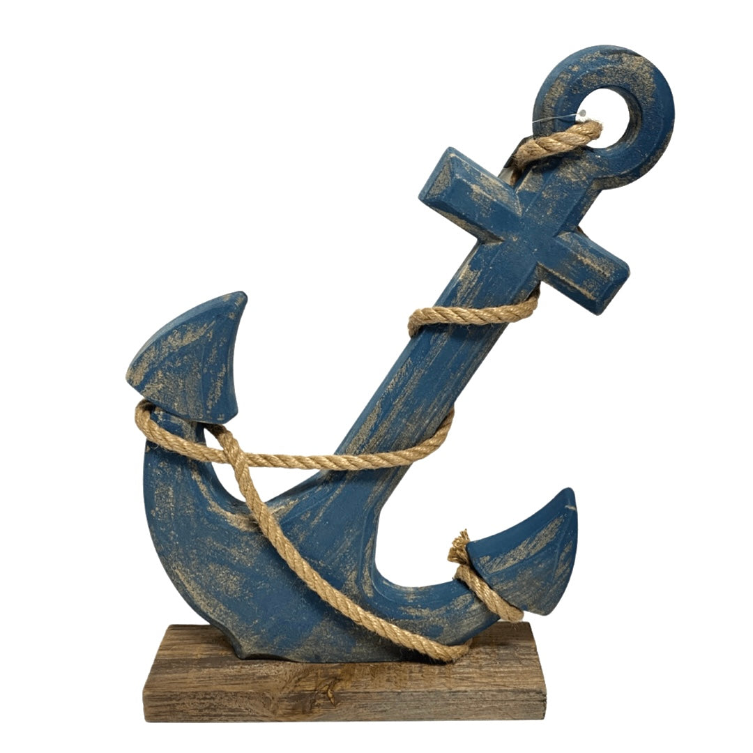 Navy Blue Wooden Harbour Anchor on Base