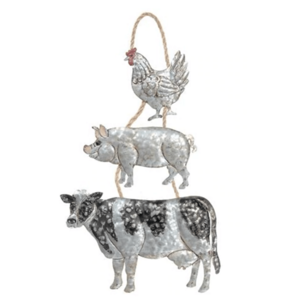Hanging Metal Rooster With Pig & Cow