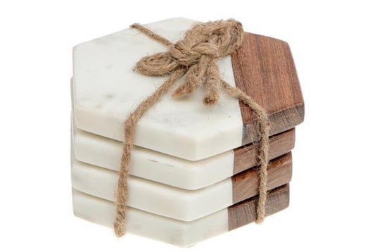 Set Of 4 White Marble And Wood Hexagon Coasters