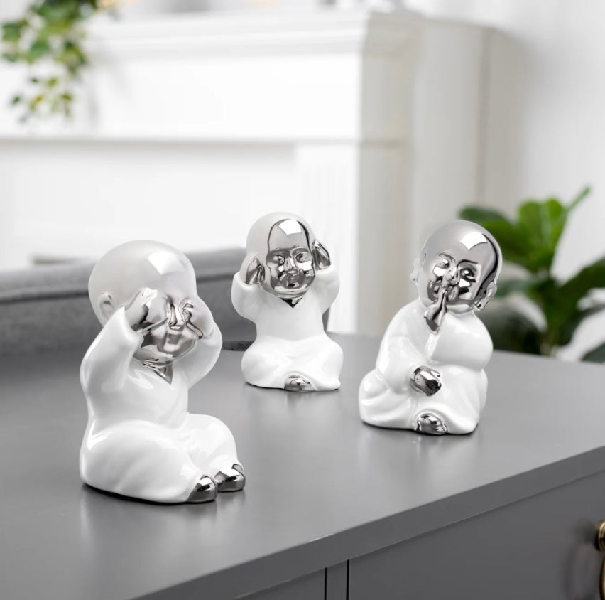 See Hear Speak No Evil 3 Piece Ceramic Wise Buddha Babies Set - Silver