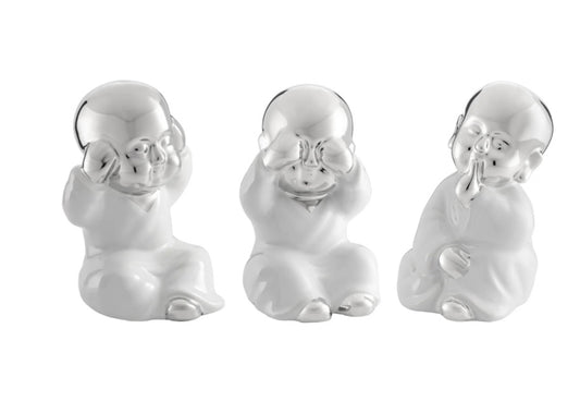 See Hear Speak No Evil 3 Piece Ceramic Wise Buddha Babies Set - Silver