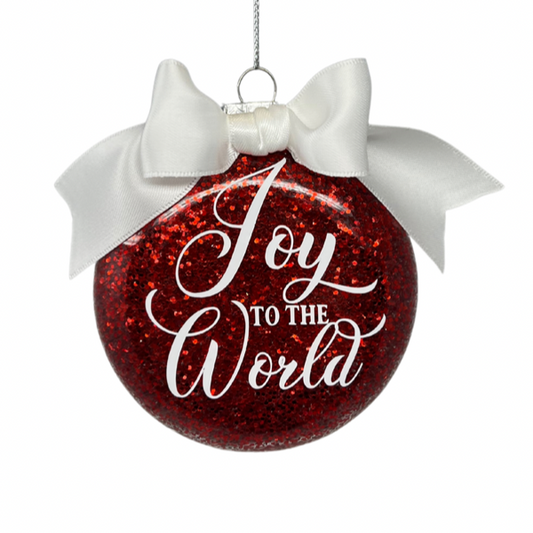 Red Joy To The World Glass Glitter Ornament