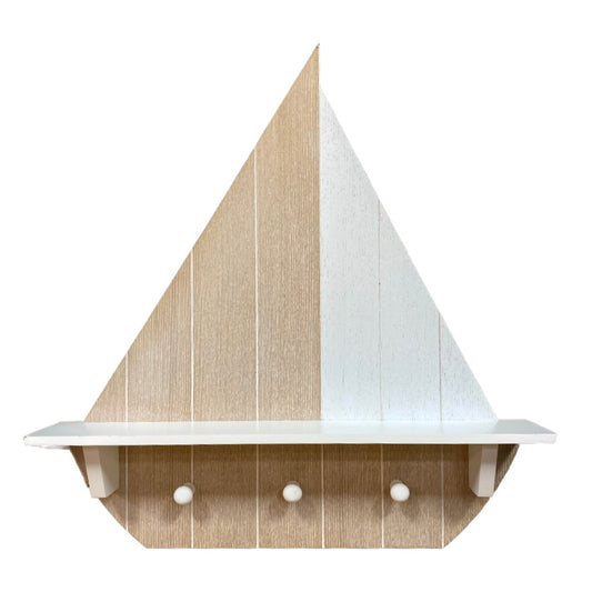 Wooden Sailboat Wall Shelf With Hooks