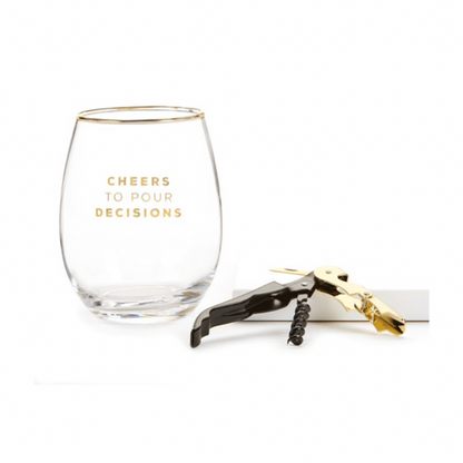 Stemless Cheers Wine Glass & Corkscrew Set