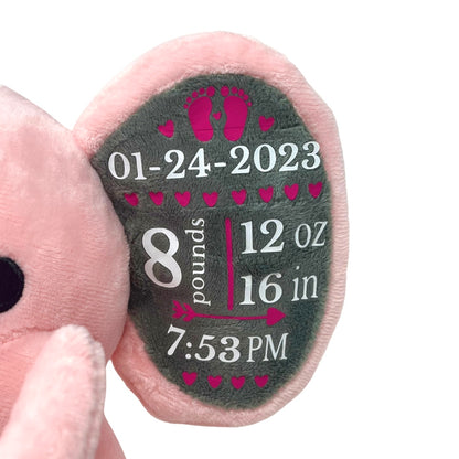 Birth Announcement Elephant Stuffed Animal Keepsake Pink With Bow