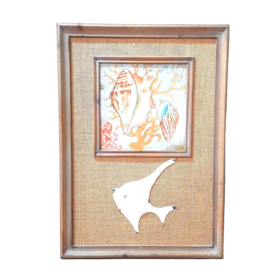Burlap Picture with Metal White Fish - Imperial Gifts And Decor