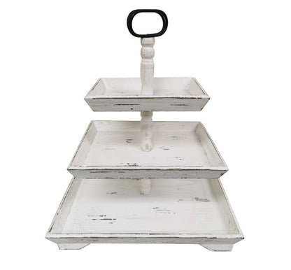 Distressed White Wood Three Tiered Stand